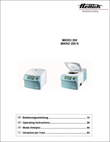 Hettich MIKRO 200, MIKRO 200 R micro centrifuge product sheet