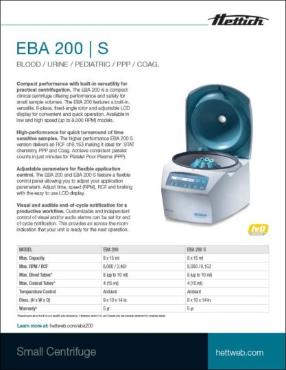 Hettich EBA 200 S blood, urine, pediatric, PPP, COAG small centrifuge product sheet