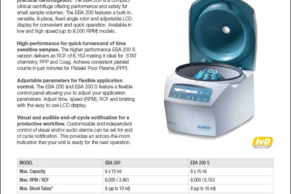 Hettich EBA 200 S blood, urine, pediatric, PPP, COAG small centrifuge product sheet