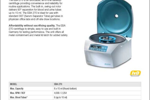 Hettich EBA 270 blood, urinalysis, pediatric small centrifuge product sheet