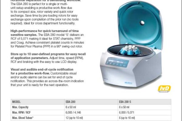 Hettich EBA 280 S serology, pediatric, STAT, PPP, COAG small centrifuge product sheet