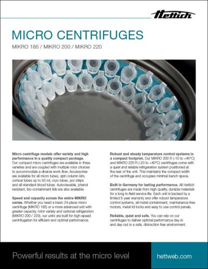 Hettich Micro Centrifuges sell sheet