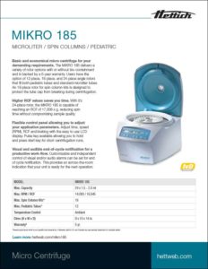 Hettich MIKRO 185 microliter, spin columns, pediatric micro centrifuge sell sheet