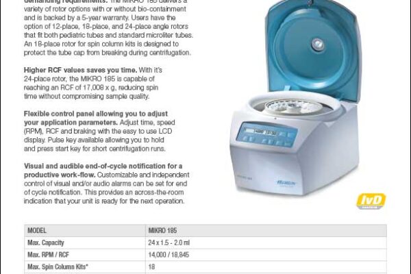 Hettich MIKRO 185 microliter, spin columns, pediatric micro centrifuge sell sheet