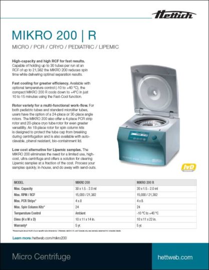 Hettich MIKRO 200 R micro, PCR, Cyro, pediatric, lipemic micro centrifuge product sheet