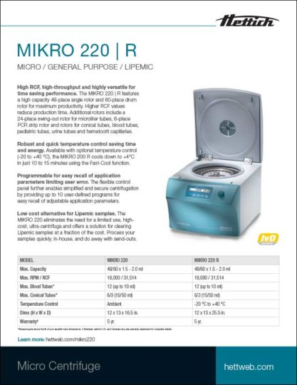 Hettich MIKRO 200 R micro, general purpose, lipemic micro centrifuge product sheet