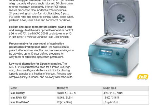 Hettich MIKRO 200 R micro, general purpose, lipemic micro centrifuge product sheet