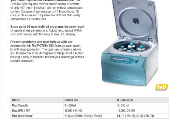 Hettich ROTINA 380 R benchtop centrifuge product sheet