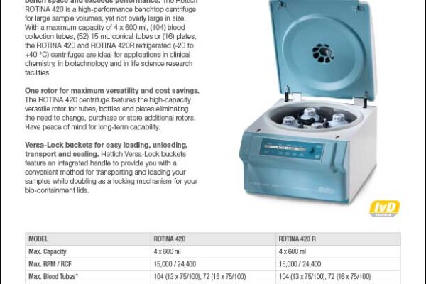 Hettich ROTINA 420 R benchtop centrifuge product sheet