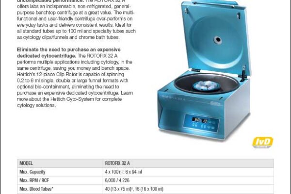 Hettich ROTOFIX 32 A benchtop centrifuge for blood, cell culture, urine, cytology product sheet