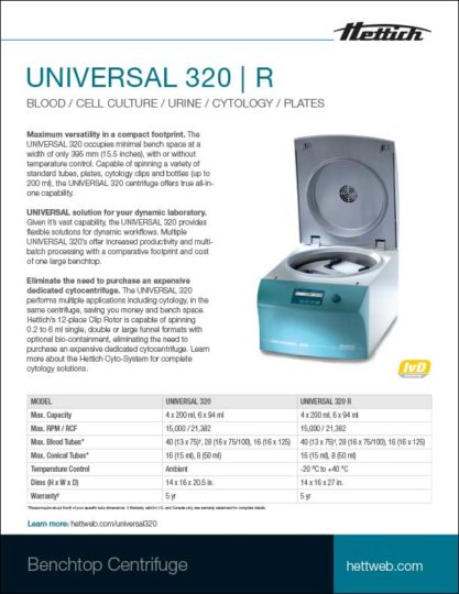 Hettich UNIVERSAL 320 R benchtop centrifuge product sheet