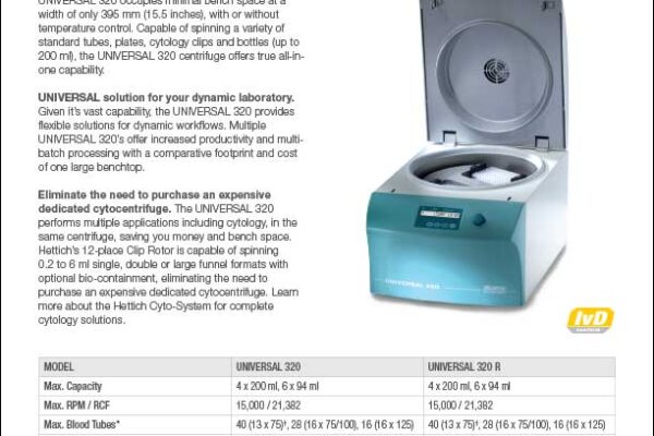 Hettich UNIVERSAL 320 R benchtop centrifuge product sheet