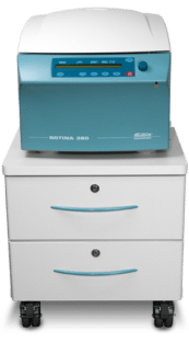 Hettich Rotina 380 centrifuge placed on a centrifuge cabinet with two drawers