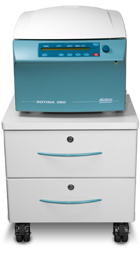 Hettich Rotina 380 centrifuge placed on a centrifuge cabinet with two drawers