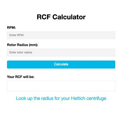RCF Calculator to calculate radius of Hettich Centrifuge