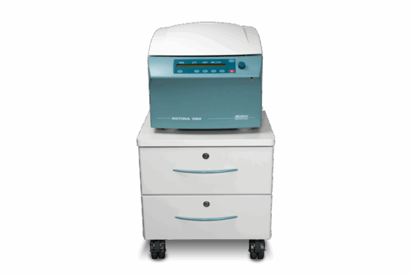 Hettich Rotina 380 centrifuge placed on a centrifuge cabinet with two drawers
